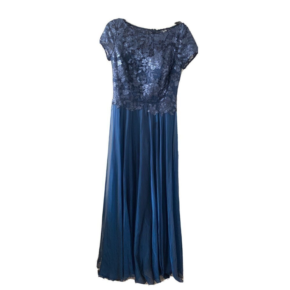 La Femme Size 6 Blue Sequin Elegant Floral Lace & Satin Evening Gown Dress - Picture 3 of 7